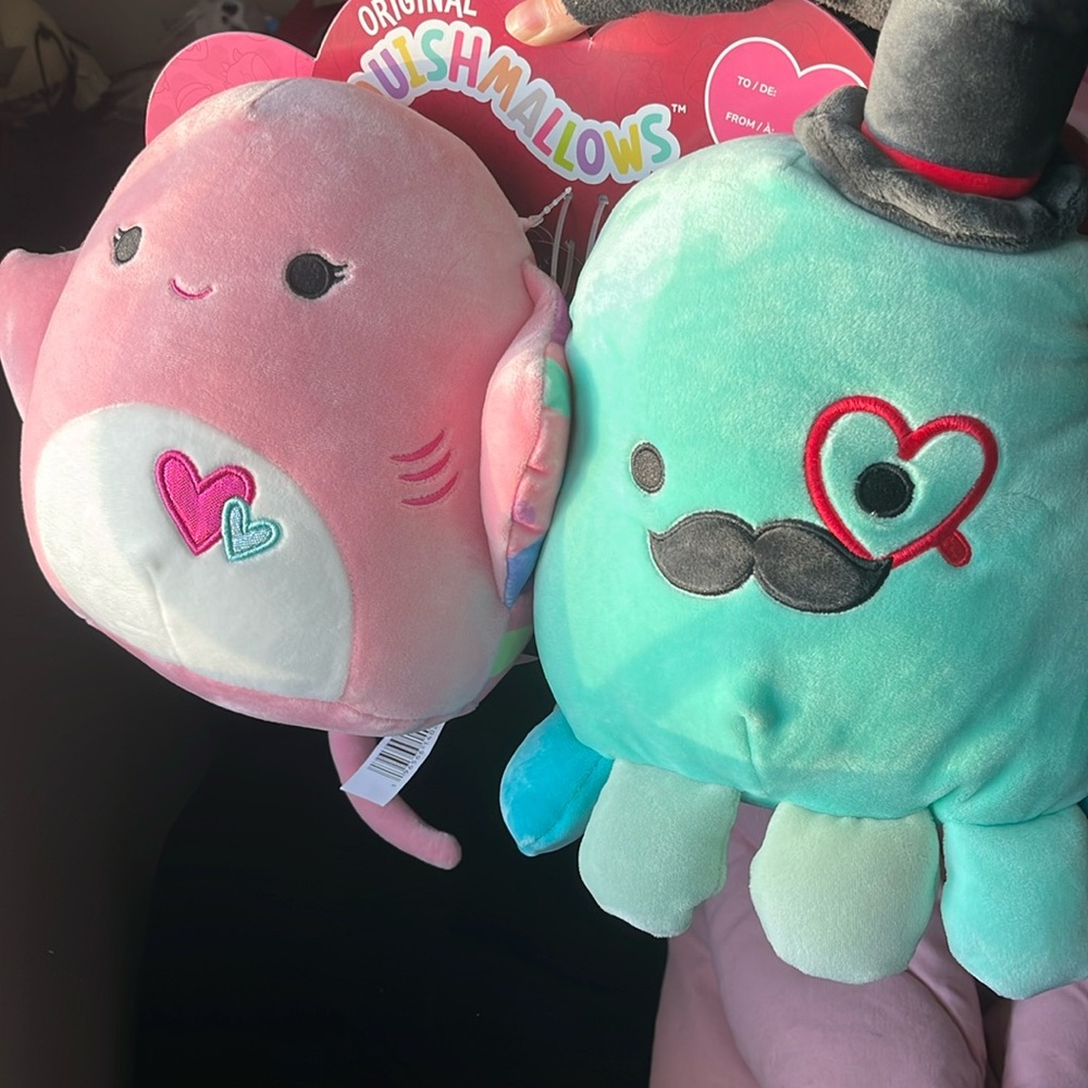 8” Squishmallow Valentine’s Day pair. Saxa and Eiko.